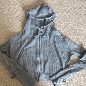 Free People Light Blue Waffle Knit Hooded Zip Jacket